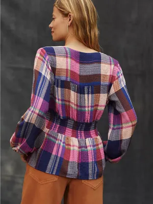 Anthropologie Pilcro Blouse Womens Large Pink Navy Plaid Smocked Waist V-Neck thumbnail 3