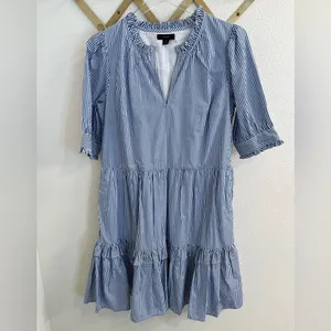J.Crew Ruffleneck Tiered Popover Dress in Stripe Blue White Small thumbnail 5