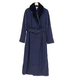 Naked Wardrobe The Statement Trench Coat Womens Small Navy Fur Trim Belted Lined thumbnail 2