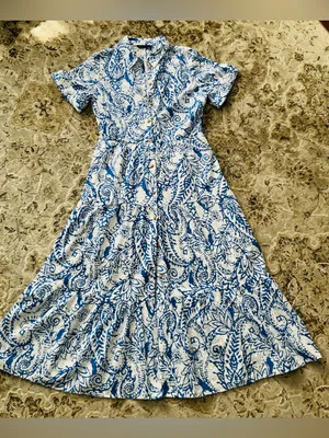 Zara Blue and White Paisley Button-Up Midi Dress 💙 thumbnail 10