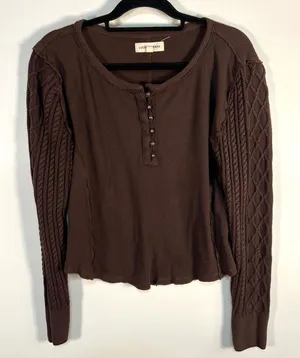 Lucky Brand Womens Brown Waffle Knit Henley‎ Top Cable Knit Sleeves Large boho thumbnail 1