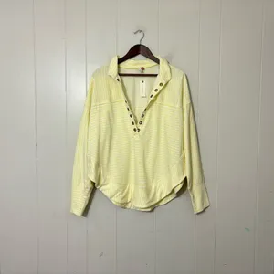 Pilcro Anthropologie Oversized Striped Henley Top Yellow White NWT Size L thumbnail 2