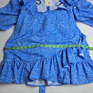 Missguided NWT Blue Floral Ruffle Faux Wrap‎ Mini Dress Puff Sleeve Womens 6 thumbnail 10
