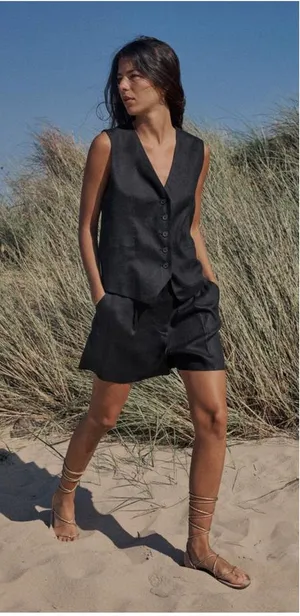 Zara Black Linen Blend High Waist Front Pleats Shorts Size Medium 8026/707 thumbnail 1