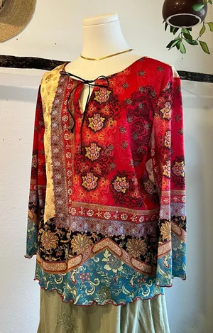 Laura G. Y2K Patchwork Long Sleeve Printed Bow Tie Indie Boho Blouse Size XL USA thumbnail 1