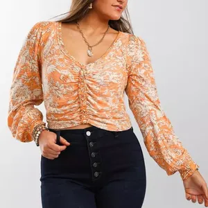 Free People Orange Floral Say The Word Ruched Blouse thumbnail 1