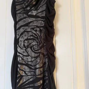 Y2K Inspired Black Ruched Bodycon Mini Dress – Sheer Mesh Metallic Rose Detail (Size S) thumbnail 5