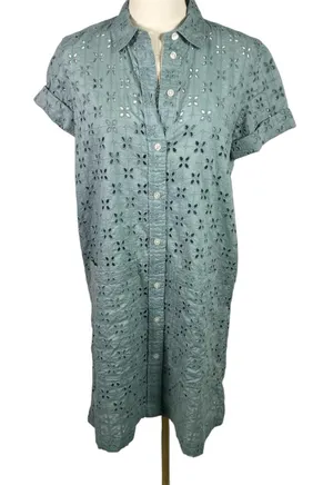 GAP XXS Blue Eyelet‎ Shirt Dress Button Front Short Sleeve Preppy Coquette thumbnail 1