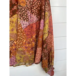 AURA Blouse Womens Size L Patchwork Tie Neck Long Sleeve Bohemian Relaxed Fit thumbnail 9