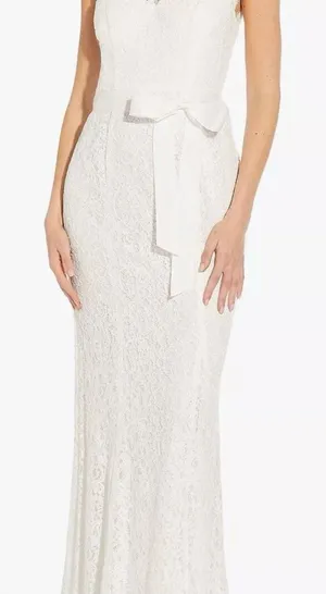 Adrianna Papell V-Neck Long Bridal Dress NWT Size 2 Coquette Bow Lace thumbnail 1