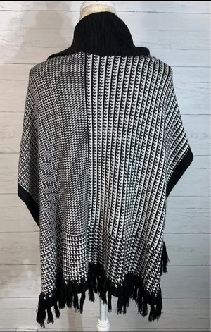 White House Black Market black white fringe poncho size M thumbnail 3