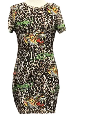 Ed Hardy mini dress with leopard print covered in green logo lettering thumbnail 2