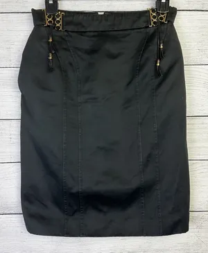 GUCCI Black Pencil Skirt‎ Gold Buckle Leather Tassels Women's US 4 Career thumbnail 1