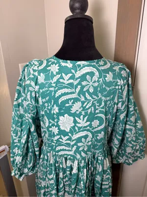 Molly Bracken Puffer Sleeve‎ Loose Fit Printed Blue White Floral Cotton Dress M thumbnail 6