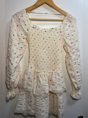 Heart Print Smocked Mini Dress XS Cottagecore Coquette Puff Sleeve Lace Trim thumbnail 2