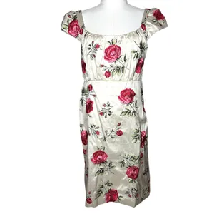 vintage Ivory Floral Brocade Pink Rose Print Empire Waist Cottagecore Midi Dress thumbnail 2