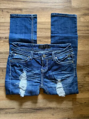 Premier emblished low rise distressed dark wash bootcut denim jeans 3/4 grunge thumbnail 6
