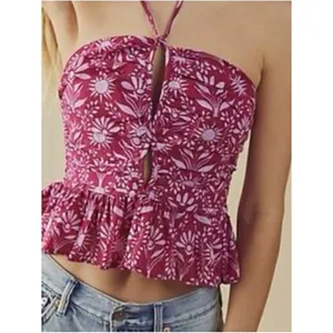 Free People Dandelion Floral Halter Top Pink Peplum Smocked Size Large NWT Boho thumbnail 2