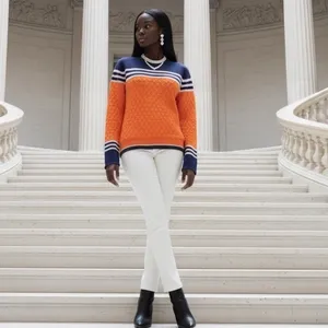 Orange Navy Blue Striped Honeycomb Knit Pullover Sweater‎ Women Crew Neck 0252 thumbnail 2