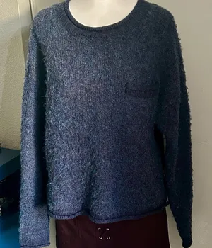 a.n.a. Women's Cozy Fuzzy Blue Wool Blend Split Rolled Hem Sweater thumbnail 1