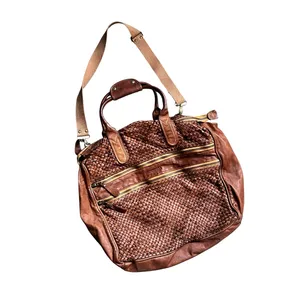 Bruno Magli Brown Woven Leather Duffle Satchel Travel Bag Made Italy Y2K thumbnail 3