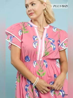 New! Umgee Plus Size Cotton Pink Floral Midi Dress Size 1X thumbnail 2
