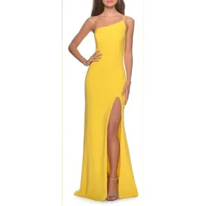 NWT La Femme 28176 One Shoulder Jersey Gown in‎ Yellow Sz 6 $228 thumbnail 3