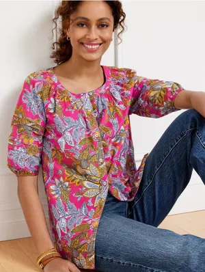 Talbots Sz L Pink Pleated Sleeve Top - Lively Floral Button Down thumbnail 1