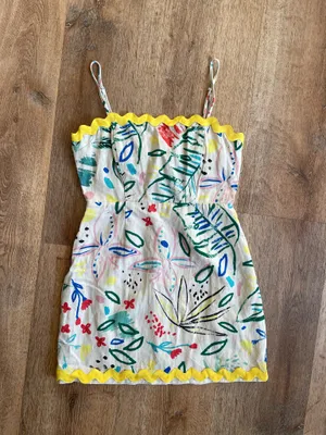FORE Abstract Print Mini Dress Women’s S Multicolor Yellow Trim Artsy Festival thumbnail 1
