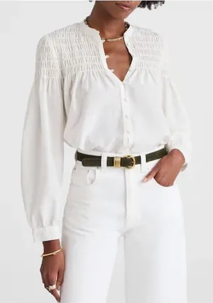 Madewell Smocked Top in Cotton Silk Blend Button Front Shirt Cream Blouse‎ Large thumbnail 1