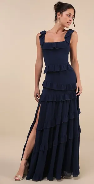 LULU’S Compelling Romantic Dark Blue Ruffled Tiered Maxi Dress thumbnail 1