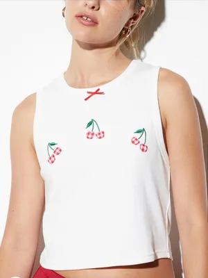 Pacsun Cherry Embroidered‎ White Tank Crop Top Size XS thumbnail 1