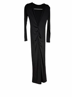 NEW Black Long Sleeve Deep V Back Ruched Maxi Dress S thumbnail 2