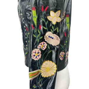 Elli White Black Faux Leather Floral Embroidered Studded Moto Biker Jacket Sz S thumbnail 4