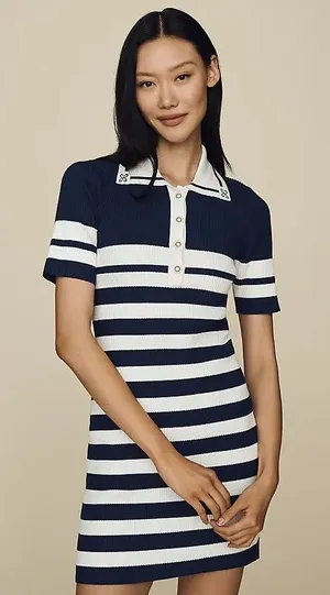 Anthropologie Maeve Collared Mini Sweater Dress Navy White Stripe thumbnail 1