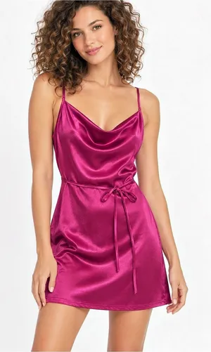 NWT ZAFUL Fuchsia Satin Cowl Neck Mini Dress Tie Waist Size 2 thumbnail 1