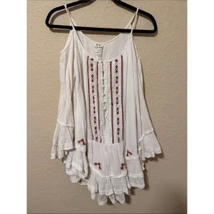 Free People White Cotton Asymmetrical Dress with Red Embroidery thumbnail 2