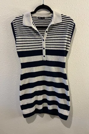 Zara Navy and White Striped Terry Mini Dress thumbnail 1