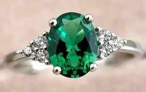 Stainless Steel Silver Oval Cut Green Gemstone Ring - Size 7 thumbnail 1