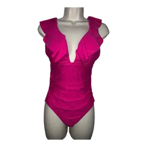 J. Crew Ruched Ruffle One Piece Swimsuit Pink NWT‎ Size 2 Colorful Bright Girly thumbnail 2