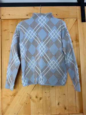 Rachel Zoe Blue & Tan Diamond Pattern Mock Neck Sweater Large thumbnail 2