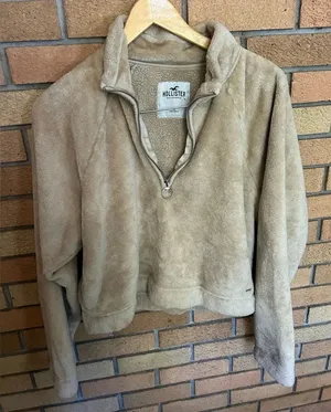 Hollister Women’s Fleece Cropped Sweater Pullover Quarter Zip Size M Tan thumbnail 1