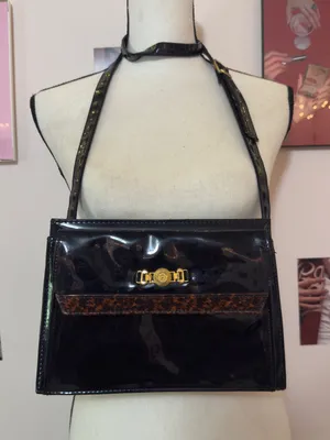 Patent Black Shoulder Bag with Gold Accent thumbnail 1