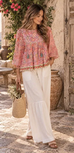 Sur La Vague 100% Cotton Pink Green Floral Blouse Size One Size thumbnail 1