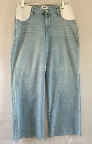 PAIGE Maternity Wide Leg Raw Hem Light Wash Denim Jeans Blue thumbnail 1