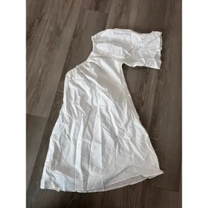 Commense Aegean Cotton Linen Minimalist Resort One Sleeve Short Dress White M thumbnail 3