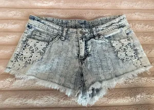 Y2K Mossimo Acid Wash‎ Lace Denim Cutoff Shorts Low Rise Boho Festival Sz 4 27 thumbnail 1