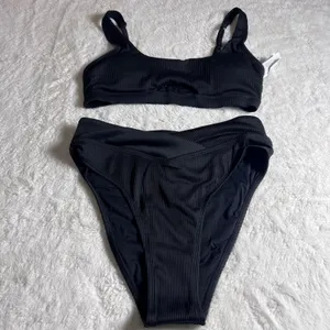 Cupshe Black Ribbed High Waisted‎ Bikini Set Keyhole Top Crossover Bottom Medium thumbnail 2