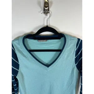 Smartwool Womens Merino Wool V-Neck Striped Sleeve Sweater Light Blue Navy‎ thumbnail 2
