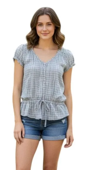 CONVERSE One Star 100% Cotton Blue Checkered Short Sleeve Top, Small thumbnail 1
